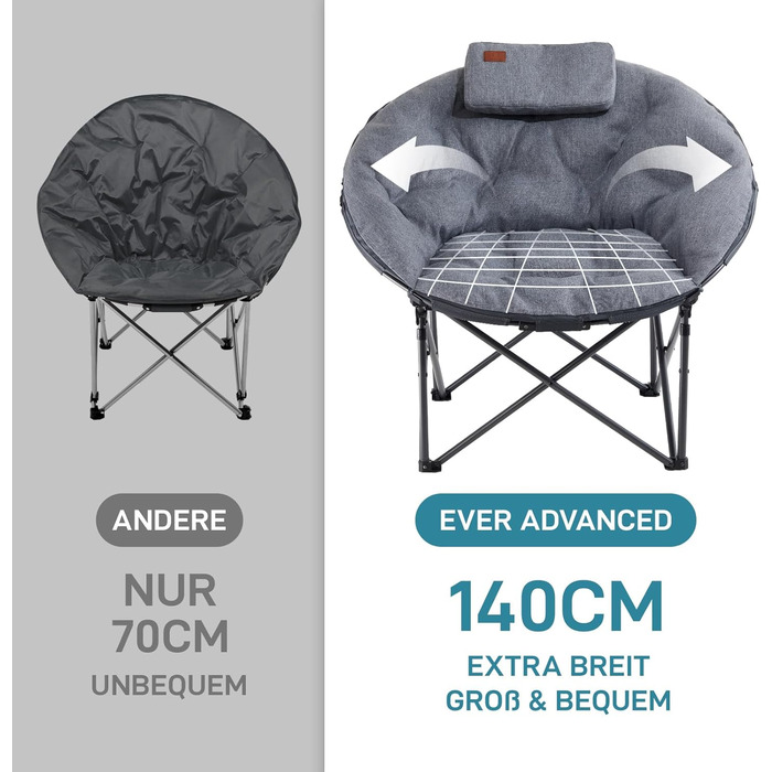Крісло для кемпінгу EVER ADVANCED Luxus Moonchair XXL: широке, з подушкою, 150 кг, сіре
