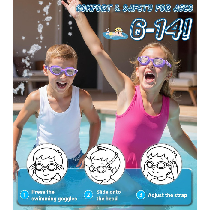 Дитячі окуляри для плавання Schwimmbrille - маска для хлопчиків та дівчаток з UV-захистом та антифогом, водонепроникні, прозорі лінзи, для дітей 6-14 років (Ліловий колір)