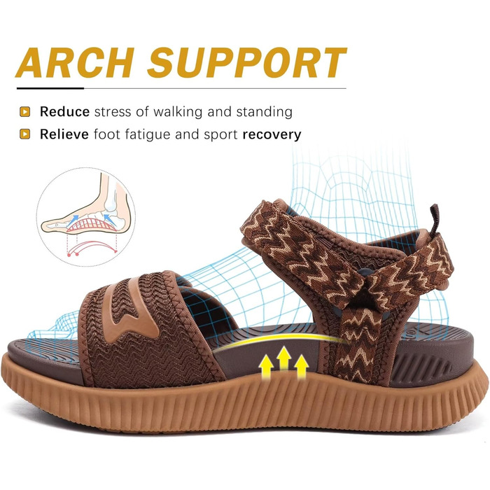 Зручні трекінгові сандалі KuaiLu для жінок: ортопедичні, для плоскостопості, піші прогулянки, літо, відкриті пальці, регульовані на липучках (39 EU, Коричневий)