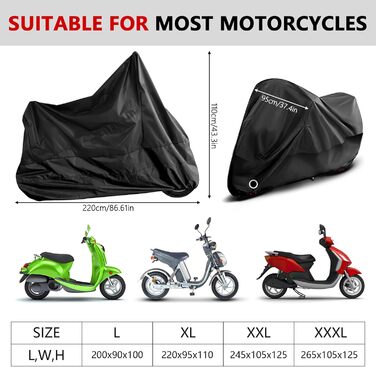 Водонепроникний чохол для мотоцикла Motorrad Abdeckplane 210D, UV-захист, зимовий, для скутера/ролера/мопеда (245x105x125 см, Чорний, XL)