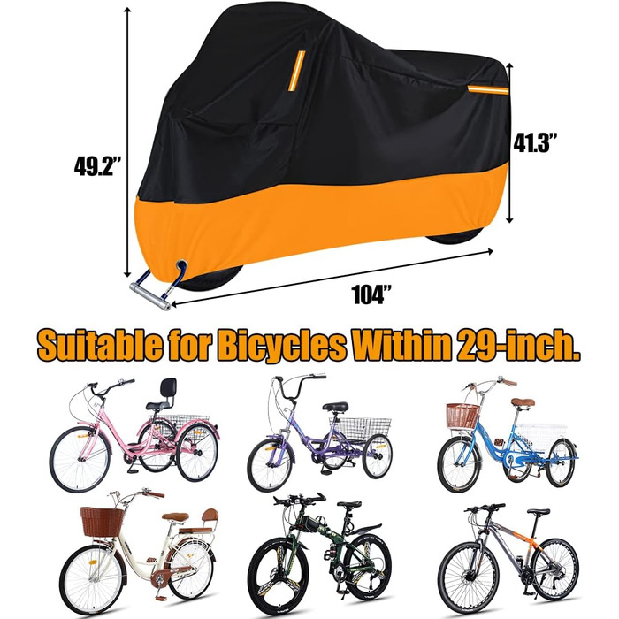 Чохол для триколісного велосипеда преміум-класу, підходить для всіх триколісних велосипедів та мопедів, для зберігання в приміщенні та на вулиці, 264,2 x 110 x 124,5 см (чорний та помаранчевий)