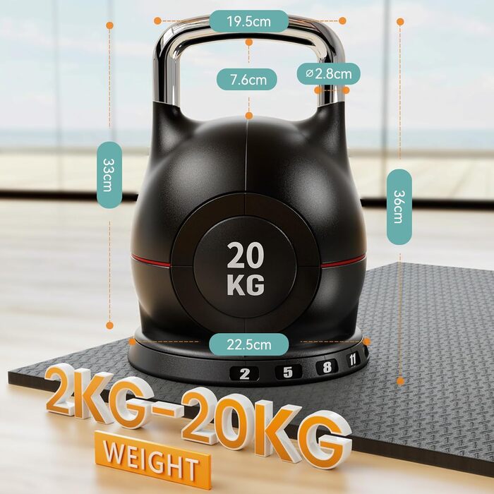 Кетлбел регульований 7-в-1 для дому, 20 кг. Набір гантелей-кетлбелів для фітнесу, чорний. Ідеально для домашнього тренажерного залу.