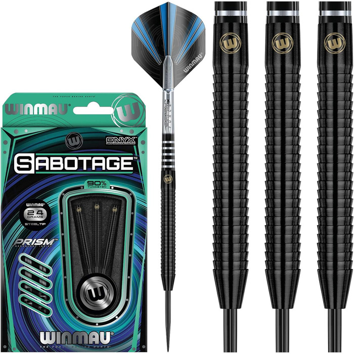 Дротики WINMAU Sabotage Onyx 22-26 г, професійні, вольфрамові, сталевий наконечник, з оперенням і стрижнями