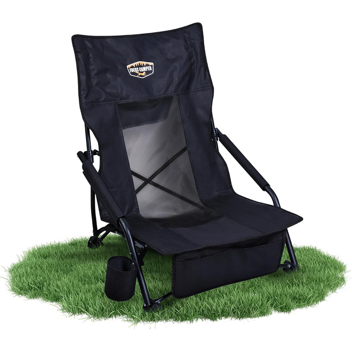 Крісло для кемпінгу Fuchs Camper Strandstuhl – розкладне, з високою спинкою та сіткою, з підстаканником та кишенею, чорне, вантажопідйомність 150 кг