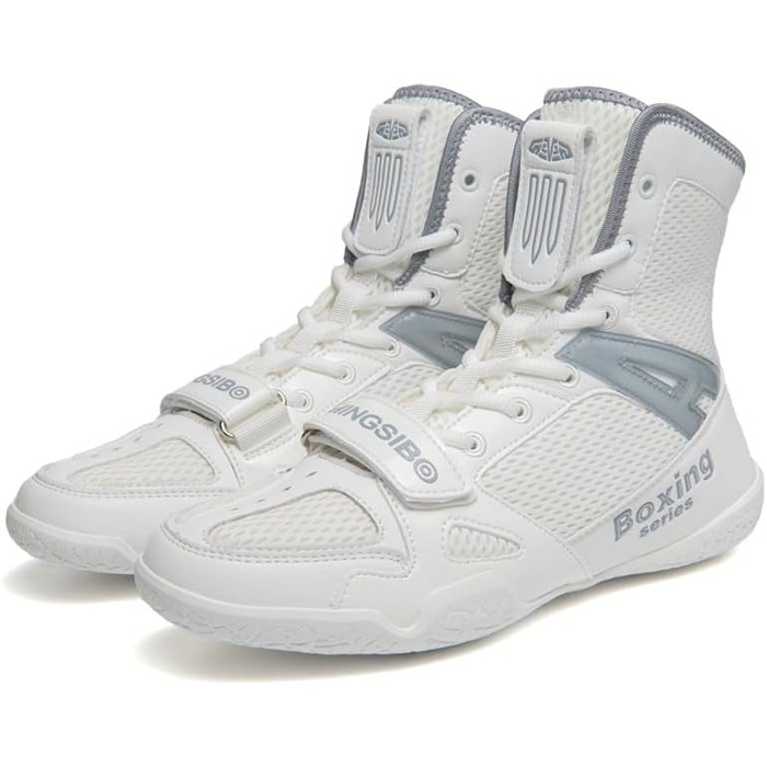 Боксерські та борцівські кросівки для чоловіків та жінок, дитячі, для залу, фітнесу, високі, з антиковзаючою підошвою, дихаючі (46 EU, Білий/Сірий)