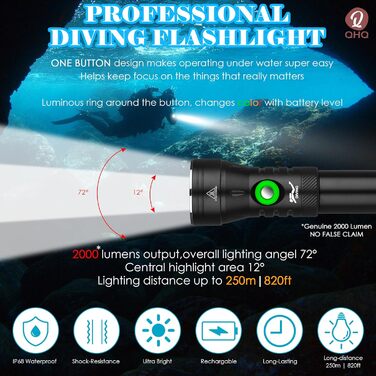 Ліхтар налобний QHQ Tauch з регулюванням яскравості, 2000 люмен, алюмінієвий корпус, IPX8, водонепроникний до 100 м, з акумулятором та зарядним пристроєм