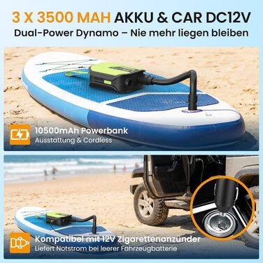 Насос електричний TowerTop для SUP дошки, каяків та автомобілів, 50 PSI, 10500mAh, 8 насадок, зелений