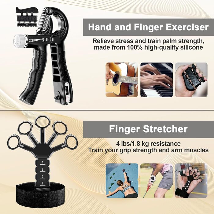 Набір для тренування рук Aurivee (6 шт.) - тренажер сили хвата, п'ятипальцевий тренажер, кільце для тренувань та м'яч для зняття стресу з сумкою