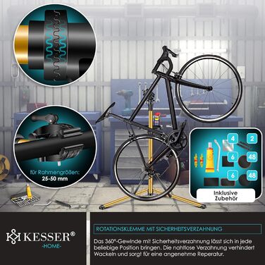 Підставка для велосипедів KESSER® Profi Alu: Ремонт, обслуговування, 360° обертання. Підходить для гірських, електровелосипедів та звичайних велосипедів. В комплекті сумка, набір для ремонту та магнітний органайзер для інструментів.