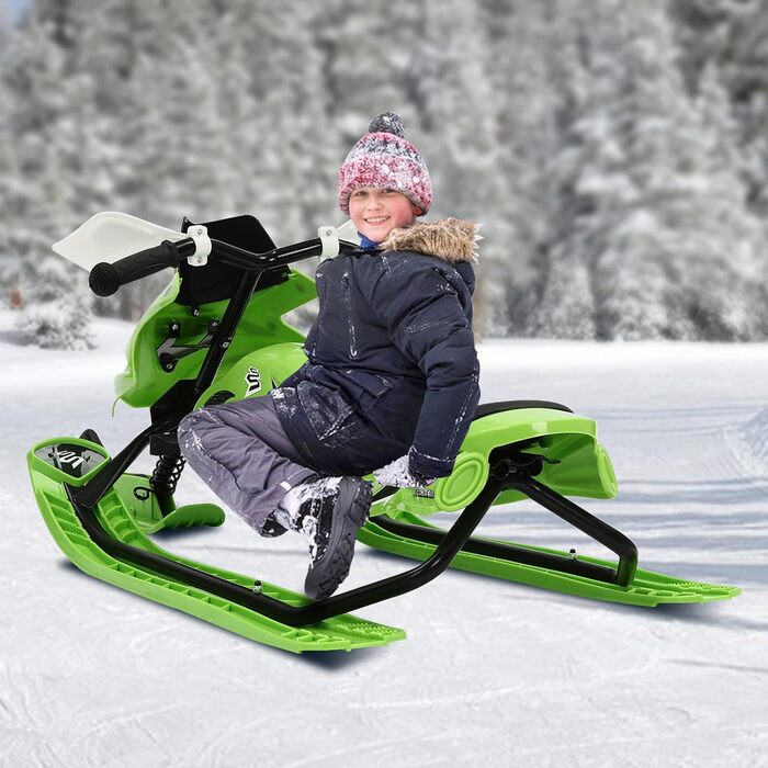 Дитячий/дорослий санчата з гальмами, автоматичним тросом, кермом та амортизаторами, вантажопідйомність до 80 кг, санчата-санки Kufenschlitten (зелені)
