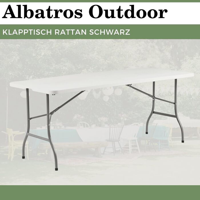 Стіл Albatros Buffettisch Klapptisch з ротангу, 182x75 см – розкладний, міцний, на 10 осіб, для пивного фестивалю з ручкою для перенесення (білий)