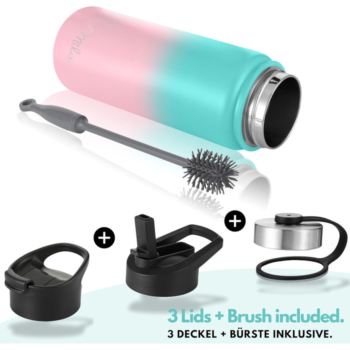 Термофляга Milu з нержавіючої сталі 500мл, 750мл, 1л (+3 кришки) з трубочкою, подвійні стінки, ізольована, для газованої води (М'ятно-рожевий)