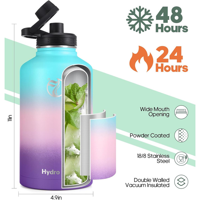 HydroPal Фляга з нержавіючої сталі - 750мл/1л/1.2л/1.9л, без BPA, для газованих напоїв, ізольована, з трубочкою та 2 кришками