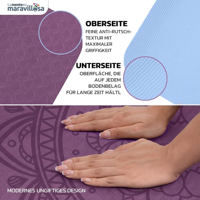 Килимок для гімнастики та йоги з неслизькою поверхнею, з чохлом та E-book, 183x61 см, Мандала фіолетовий