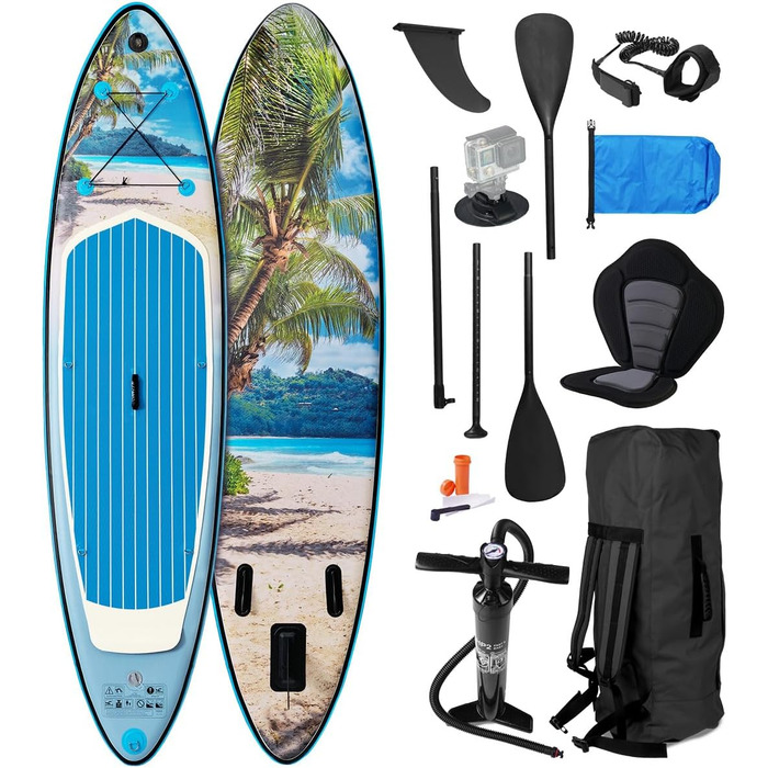 Надувний SUP-борд BRAST Tropic | Комплект для станд-ап паддлбордингу | 320x81x15 см | 6 дизайнів | 5 років гарантії | з аксесуарами | 2-в-1: SUP та каяк | тримач для Action Cam, ланцюг для ніг, насос, рюкзак (для пляжу)