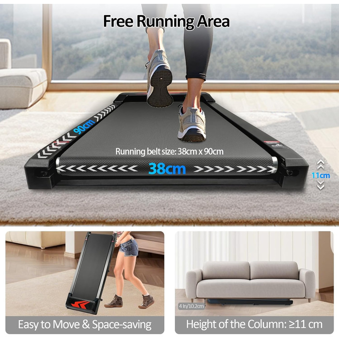 Біговий доріжка Romon для дому, Walking Pad з нахилом, компактний, подвійна амортизація до 120 кг, 2-6 км/год з LED-дисплеєм та Bluetooth APP, портативний, без монтажу, фітнес-обладнання для дому та офісу