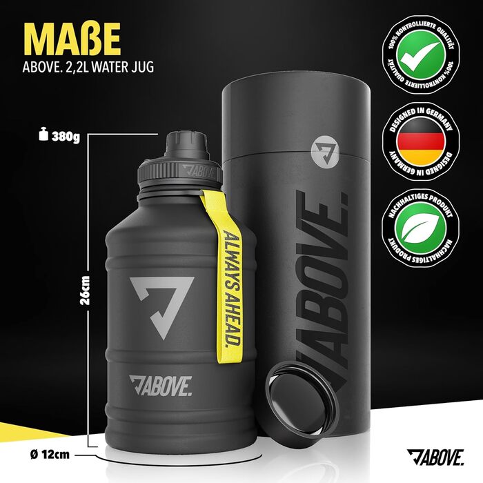 Пляшка для води з нержавіючої сталі ABOVE 1.3L/2.2L, BPA FREE, герметична, спортивна, з додатковою кришкою, чорна-жовта