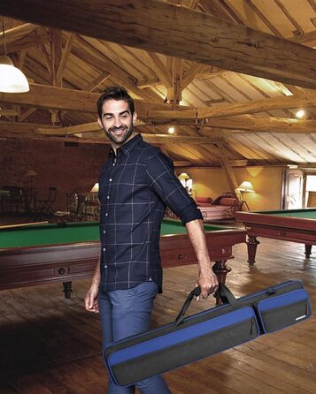 Сумка для більярду, 10 x 13 см, з кишенями на 4 кийки, 5 аксесуарів, з підкладкою, м'яка та міцна, з регульованими плечовими ременями для чоловіків та жінок, синього/чорного кольору