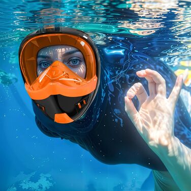 Маска для снорклінгу повного обличчя, обладнання для дорослих та дітей з системою сухого дихання та знімним тримачем для камери, 180° огляд, чорний, помаранчевий, білий, синій, XL