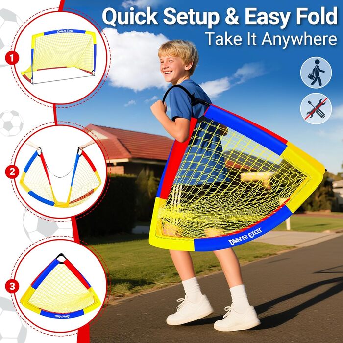 Ворота для футболу Dimples Excel Pop-Up – розкладні для дітей | Набір 1 або 2 шт. | Розміри 120x90 / 152x110 / 213x152 см | 3 кольори | З м'ячем, насосом, конусами та мішенню | Для саду та подарунка