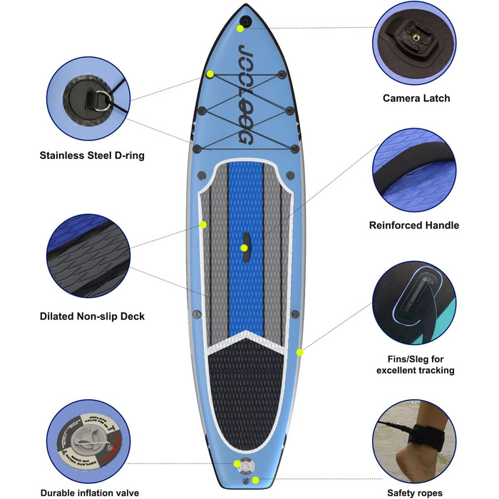 Надувний SUP Board JOOLOOG Stand Up Paddle Board 300кг, 6 дюймів товщини, з аксесуарами для веслування, для дорослих та підлітків, довжина 10'2/10'5, 320 x 81 x 15 см (зелено-сірий, з синім сидінням та кріпленням для камери)