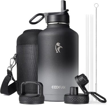 Термос-бутилка Coolflask 2 л з трубочкою і 3 кришками, ізольована спортивна пляшка з нержавіючої сталі, подвійний захист від протікання, чорна і сіра для спорту чи офісу