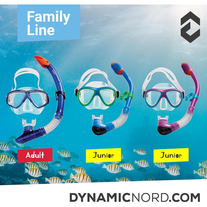 Дитячий набір для сноркелінгу DYNAMICNORD La Gomera Pro Junior, силіконова маска та трубка з Dry-Top, безпечне скло, рожевий/синій, дизайн Німеччини