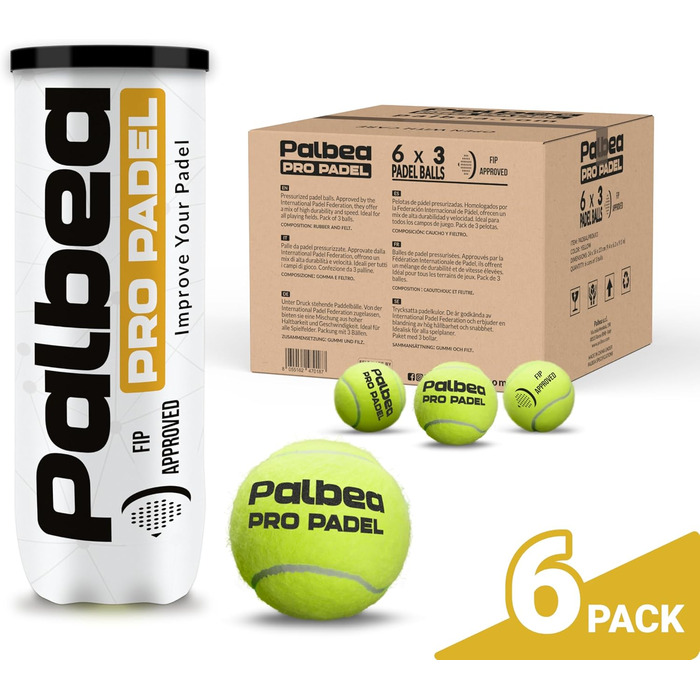 Palbea PRO Padel - М'ячі для падел-тенісу, сертифіковані FIP, преміум-якість. Ідеальні для тренувань та турнірів. Виготовлені з HV-фетру для високої видимості. 1 картон x 6/12/24 банки
