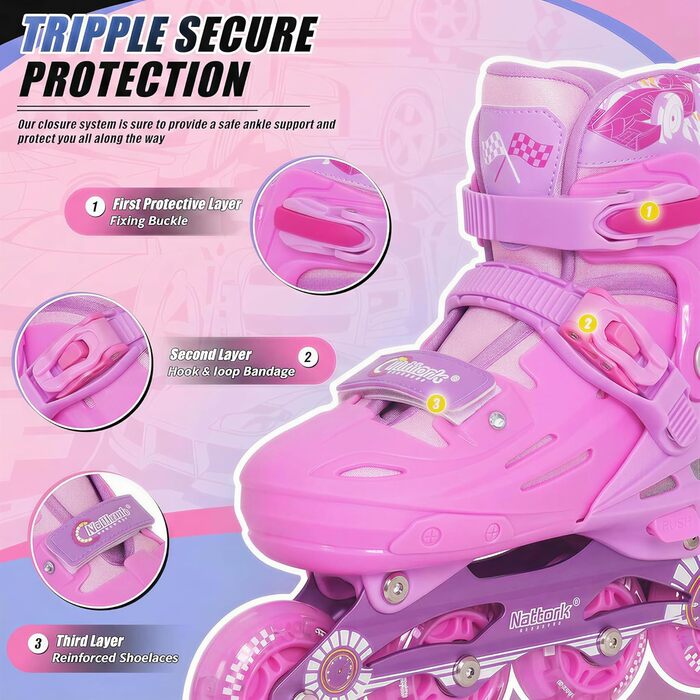 Інлайне ролики Nattork для дітей та дорослих, регульовані, рожеві, розмір 32-36