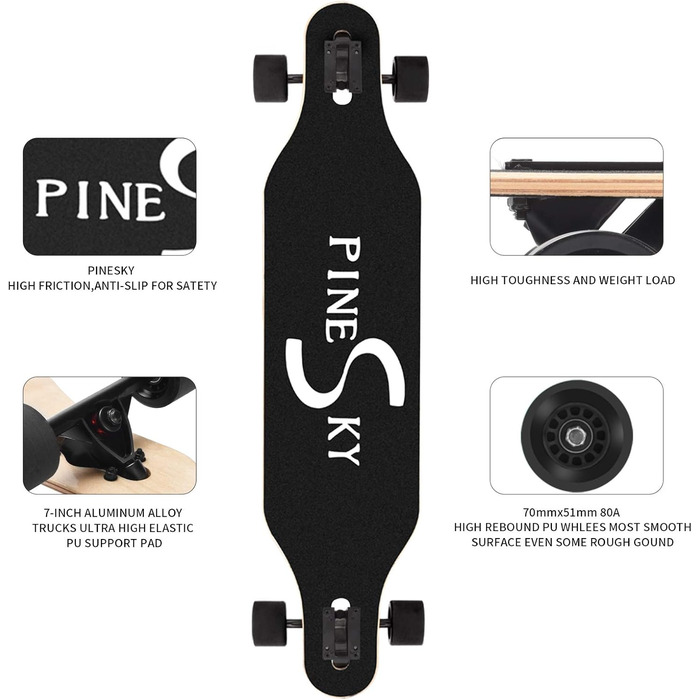 Лонгборд PINESKY 41 дюйм, 8 шарів клена, для круїзингу, карвінгу, фрістайлу та даунхілу (Beacon) + T-інструмент