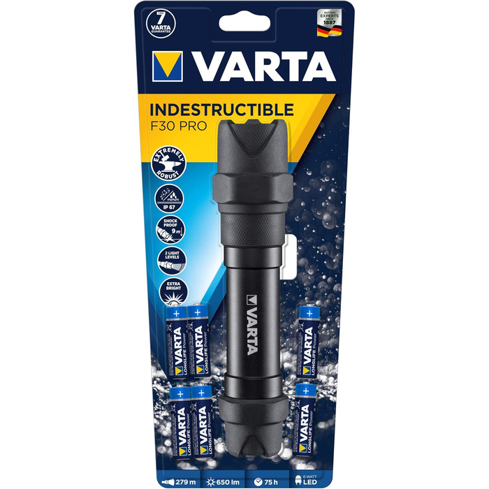 Ліхтар кемпінговий VARTA L30 Pro LED з 6 батарейками AA, індеструктивний, 4 режими освітлення, нічник, волого- та пилозахист, для риболовлі, відпочинку на природі, відключень електроенергії (6 Вт + 6x AA)