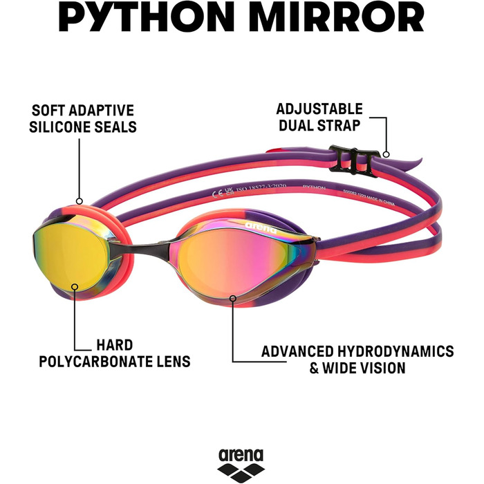 Окуляри для плавання ARENA Python Racing Unisex (Дзеркальні/Прозорі) - Антифог, Комфорт, Подвійний Ремінець