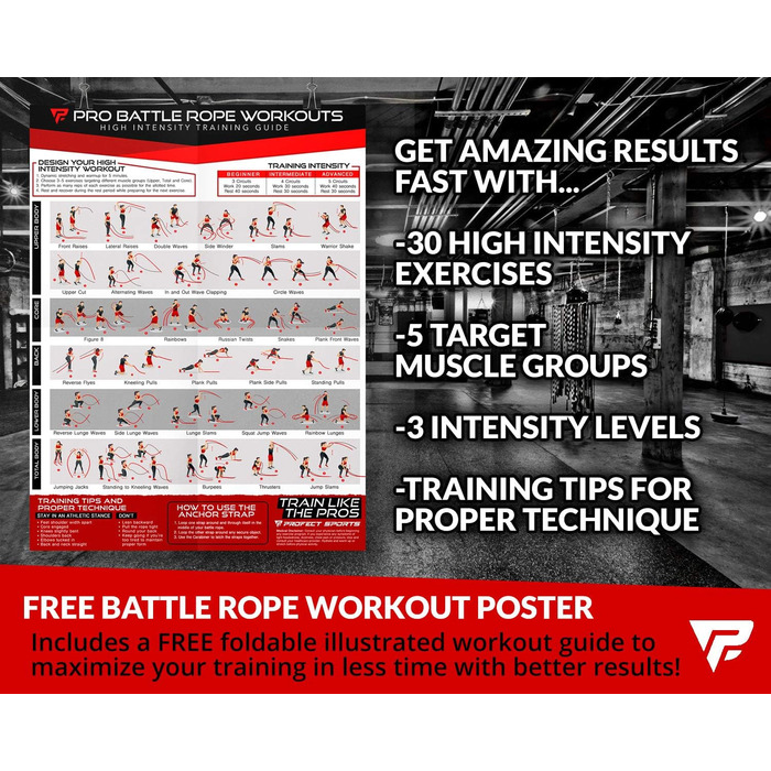 Бойове канат для тренувань з анкерним ременем та інструкцією - Міцний захисний чохол - 100% поліестер Dacron, 7.6 см (3 дюйми) діаметр x 9.1 м (30 футів) довжина - для силових тренувань, кардіо, кросфіту. Чорне бойове канат з DuraMax-чохлом та анкерним ре