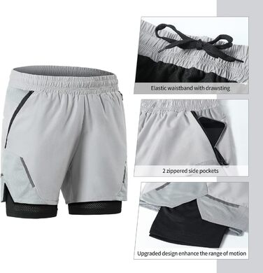 Чоловічі спортивні шорти ARSUXEO 2-в-1 з сіткою та кишенями на блискавці, сірі (L)