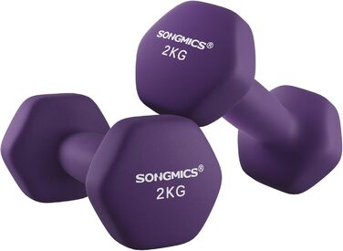 Гантелі SONGMICS 2 x 2 кг, неопрена, шестигранні, для фітнесу та силових тренувань вдома, фіолетові