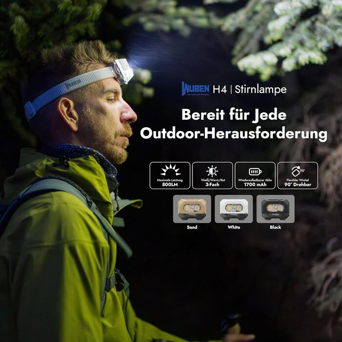 WUBEN H4 - LED налобний ліхтар, 800 люмен, IP68, 10 режимів, червоне світло, для кемпінгу, риболовлі та піших прогулянок, чорний