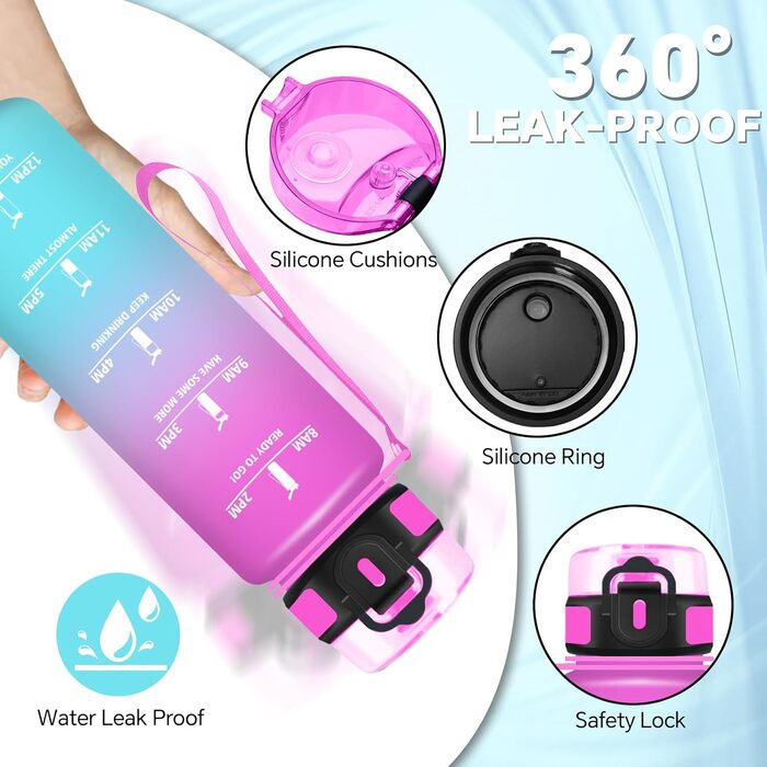 Спортивна пляшка для води 1 л з мітками часу, витокозахисна, рожево-блакитна