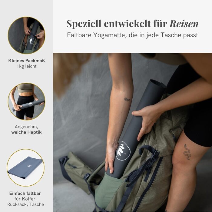 Складаний йога-килимок Lotuscrafts ARISE Travel 185x65x0,13 см, екологічний, з натурального каучуку, легкий, для подорожей, індиго, вироблено в Іспанії