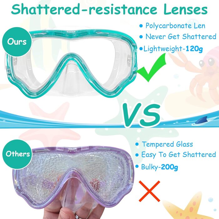 Дитячі маски для снорклінгу Vvinca з тканинним ремінцем, 180° панорама, анти-протікання, для дітей 3-13 років, зелені