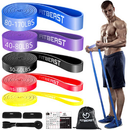 FitBeast Резистентні гумки для фітнесу, набір 5 рівнів, для силових тренувань, кросфіту, м'язового розвитку, домашніх тренувань, мобільності та розтяжки (5-170 LBS)