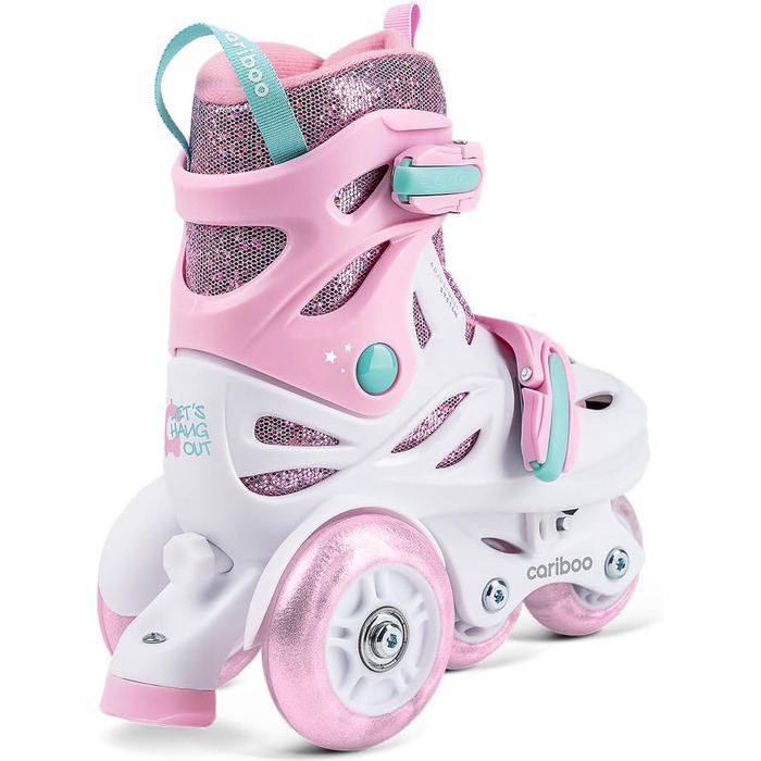 Роликові ковзани Cariboo для дітей, інлайнери для початківців, регульовані, 2 розміри, з навчальними колесами, рожеві, балетки (XS (26-30), рожево-м'ятні)