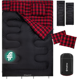 Спальний мішок KingCamp на 2 особи з фланнелю для зими, 3-4 сезони, з подушками, для кемпінгу та відпочинку на природі (чорний)