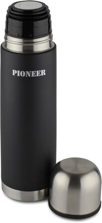 Термос Pioneer 1 л з нержавіючої сталі, вакуумний, з кнопкою та чашкою, 8 годин гаряче, 24 години холодне, 100% герметичний, BPA Free, чорний