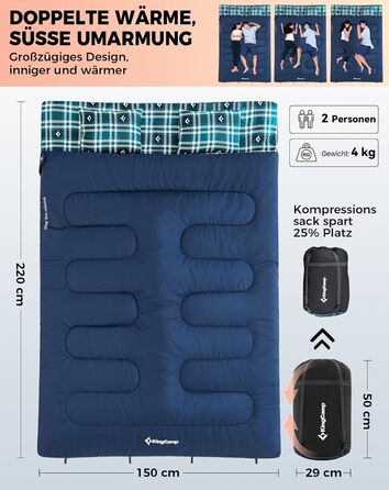 Спальний мішок KingCamp для 2 осіб з фланелі, зимовий, теплий, 3-4 сезони, з 2 подушками, для кемпінгу та відпочинку на природі, синій
