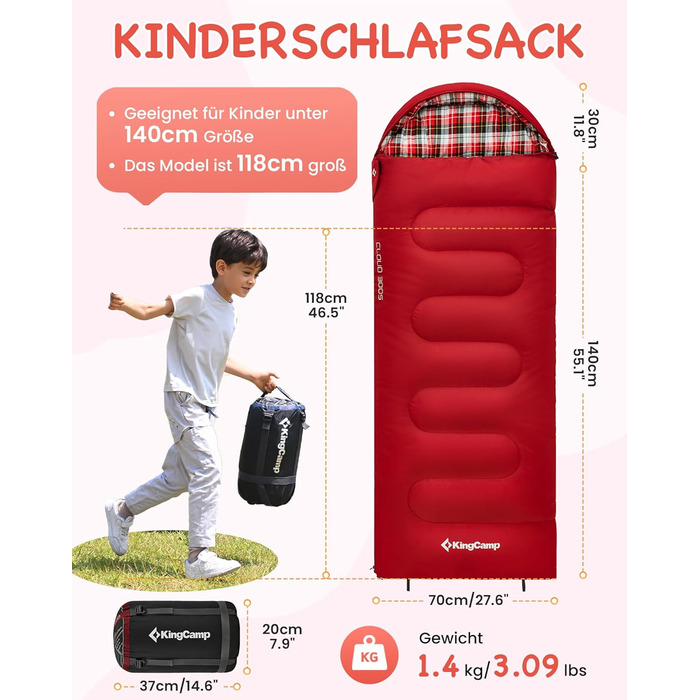 Сплячий мішок KingCamp для дітей з фланелі, легкий, водонепроникний, компактний, зимовий, 4 сезони, для кемпінгу, підходить для дітей до 140 см, комфортна температура: 7°C (червоний)
