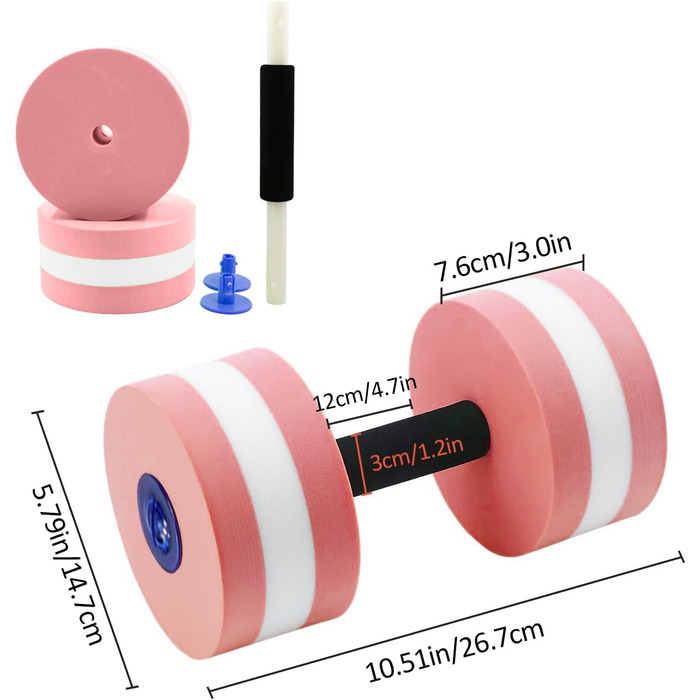 Набір з 2 аква-гантелі для фітнесу у воді, піна, знімні ручки, для чоловіків та жінок (Рожевий)