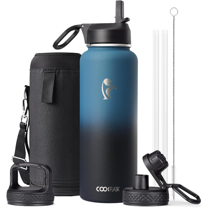 Термос-пляшка Coolflask 1180 мл з трубочкою та 3 кришками, ізольована металева пляшка для води, спорт або офіс, подвійна вакуумна ізоляція, легко миється, індиго-чорна