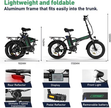 Електровелосипед HITWAY 20'' Fat Tire, складаний, акумулятор 36В 12А·год / 48В 15А·год, запас ходу до 100 км, 7 швидкостей, для міста та бездоріжжя
