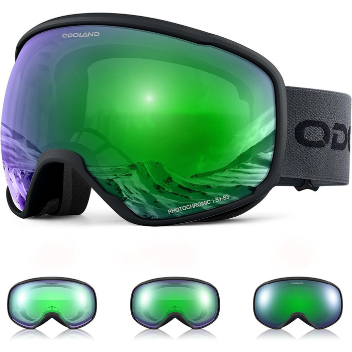 Одоланд Скі-маска фотохромна для сонячних та похмурих днів, протитуманна сноуборд маска, захист від УФ-променів для чоловіків та жінок, самозатемнювана скі-маска