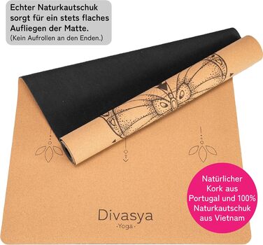 DIVASYA Преміум йога-мат з корку та каучуку, нековзкий, екологічний, розмір 183x66x0,4 см, з ременем для перенесення, без шкідливих речовин